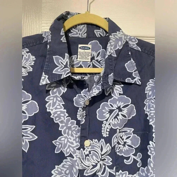 Old Navy Men’s Blue Hibiscus Hawaiian Print Blue Short Sleeve Button Down Size L - Picture 4 of 11